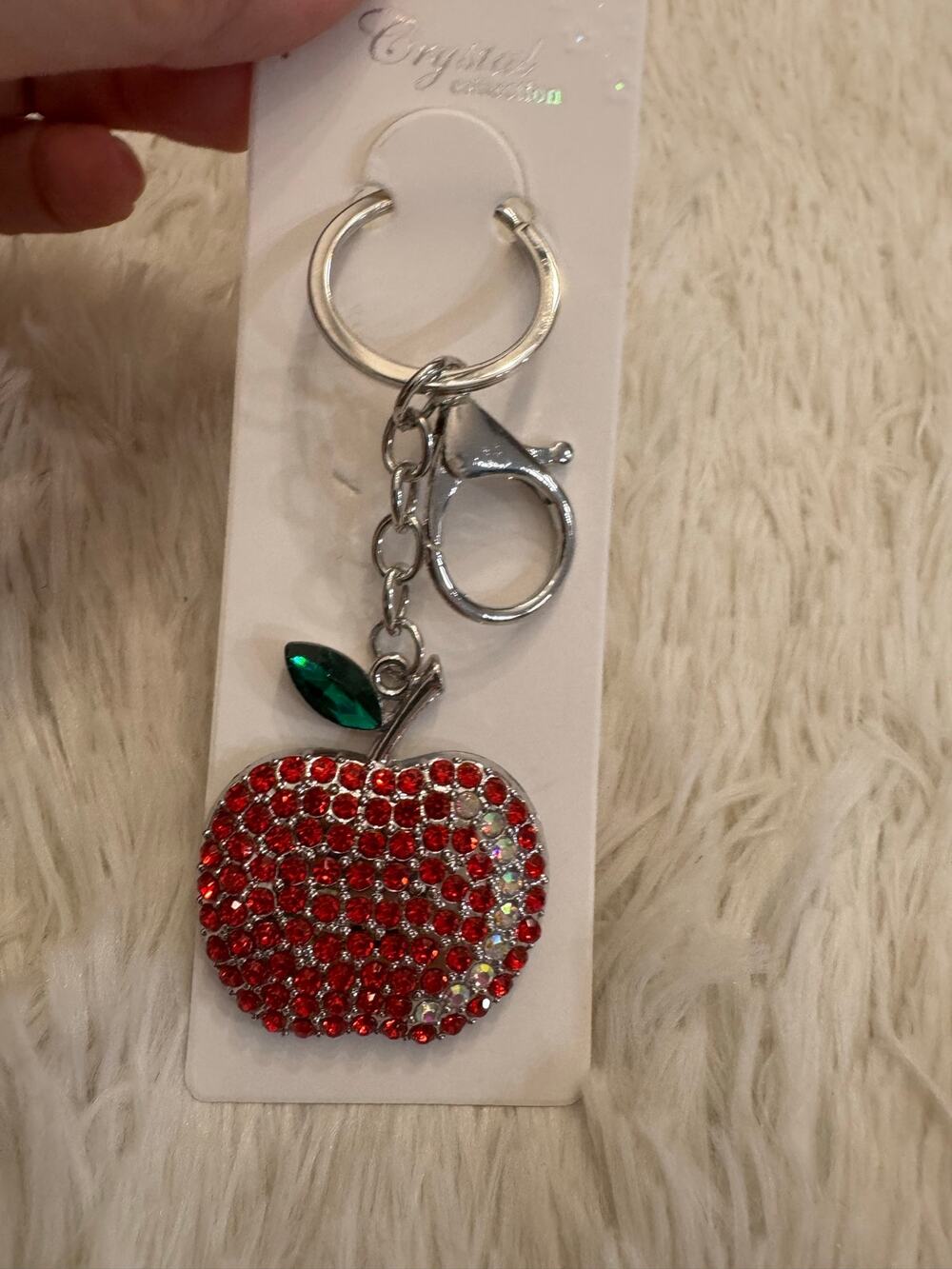 Apple red rhinestone crystal keychain bag charm silver metal green leaf